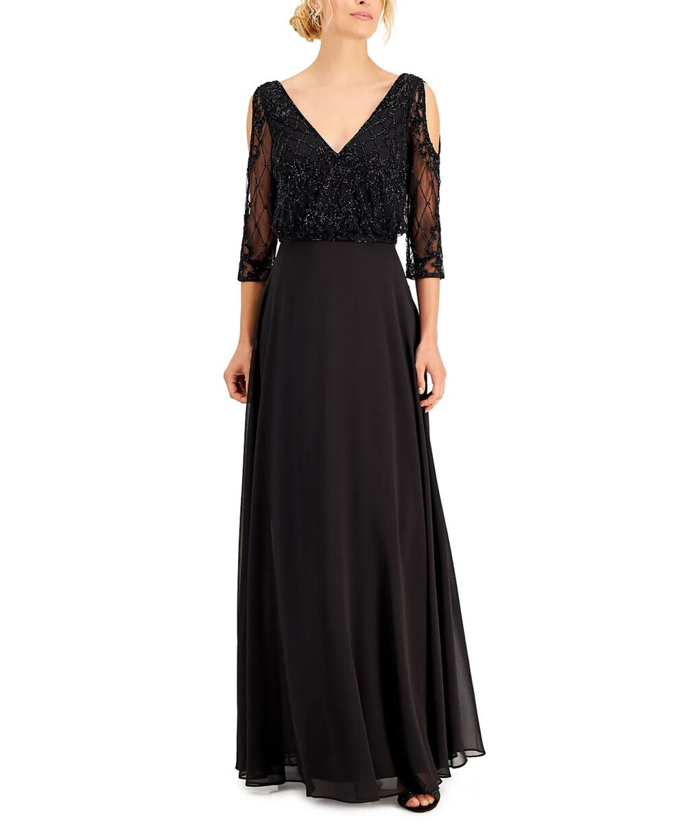 JKara Black Evening Gown Beaded Long Sleeve Cold Shoulder Formal Dress Size 4